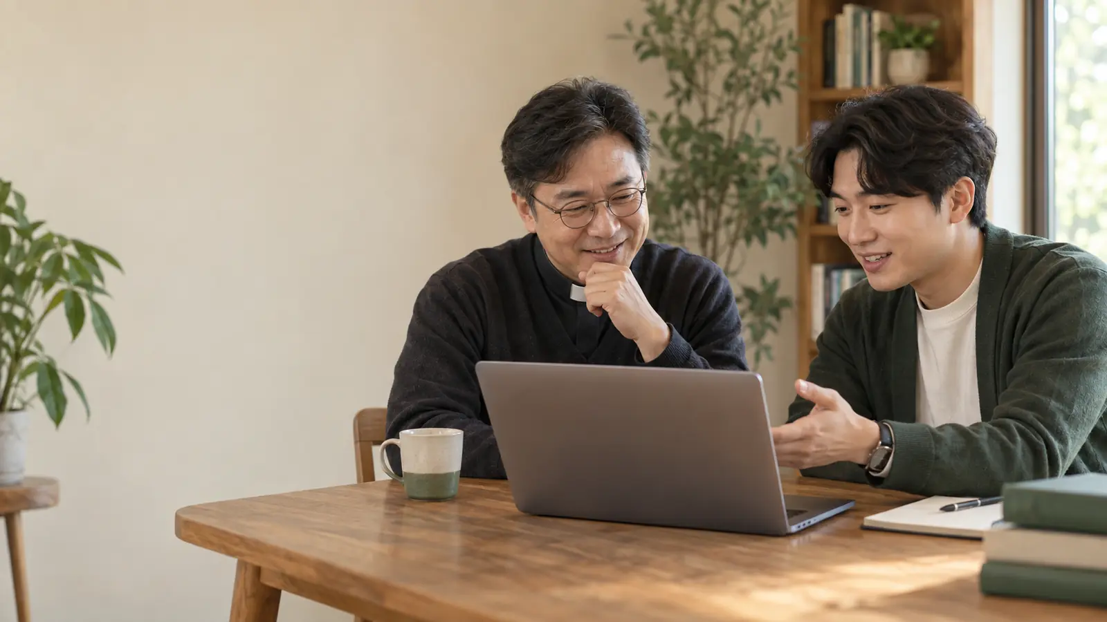 교회 사역자와 에이전시 담당자가 노트북을 함께 보며 사역 지원을 상의하는 모습