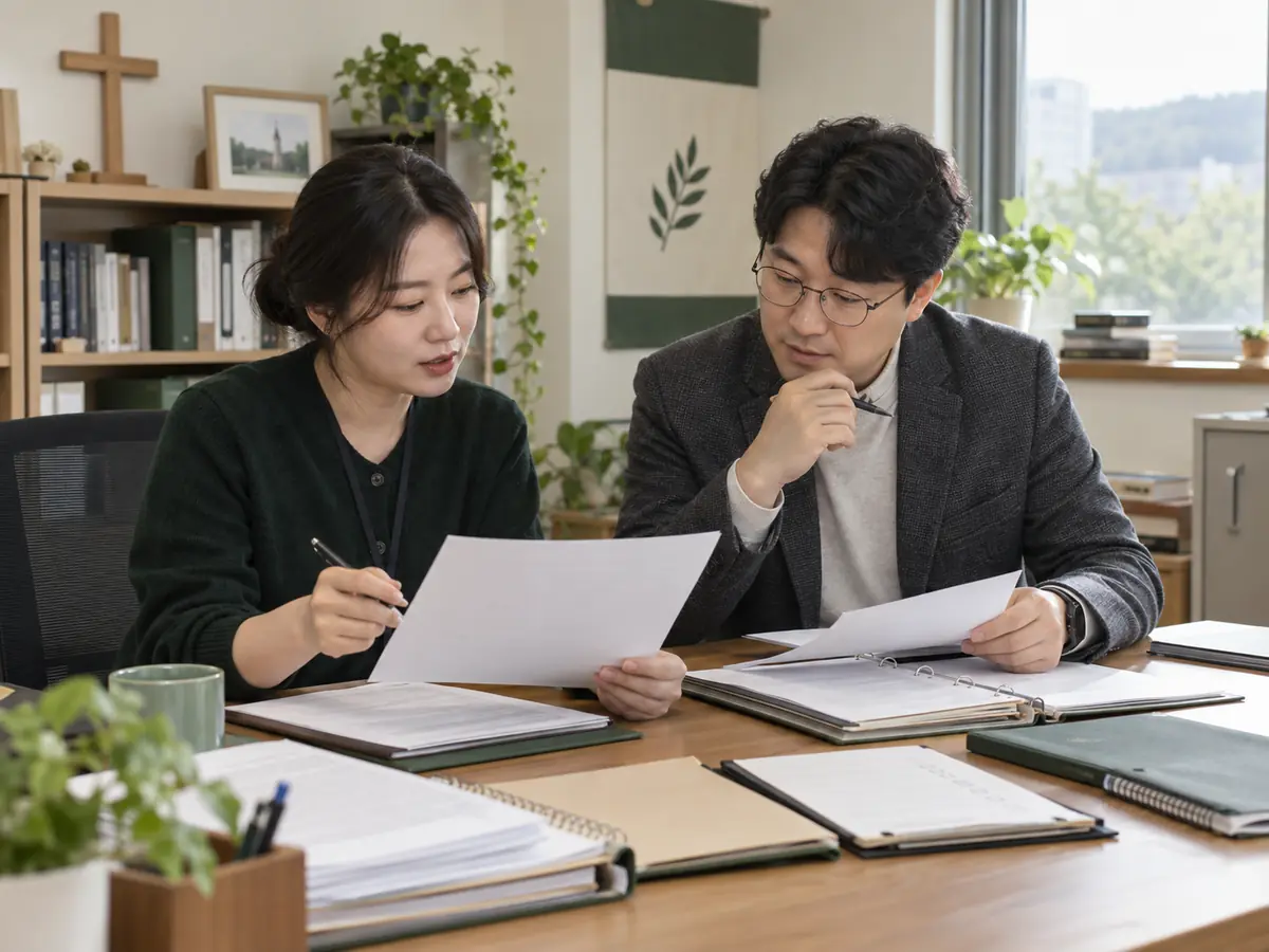 교회 사무실에서 담당자 두 명이 회의록과 서류철을 함께 살펴보며 인수인계를 확인하는 모습