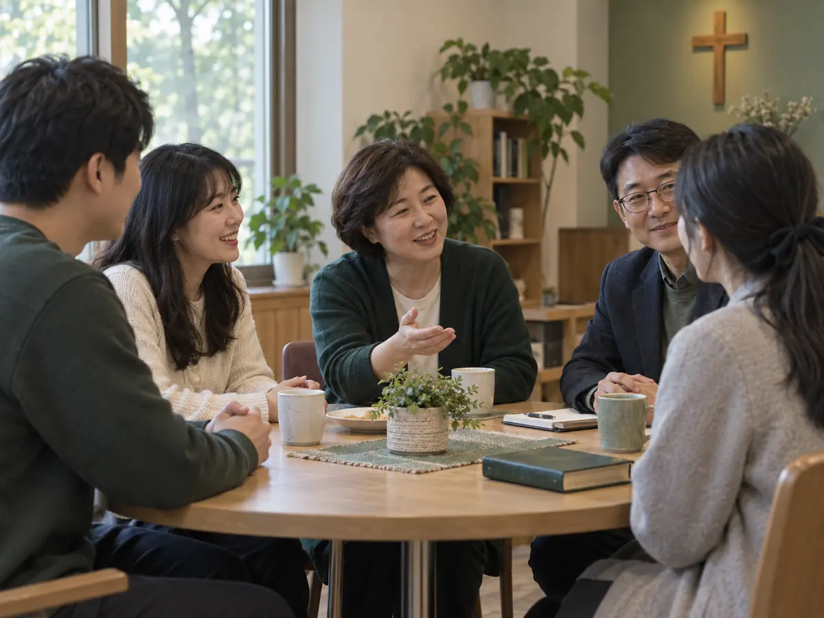 교회 소모임실에서 한국인 성인 다섯 명이 둥근 테이블에 둘러앉아 새가족을 맞으며 대화하는 모습
