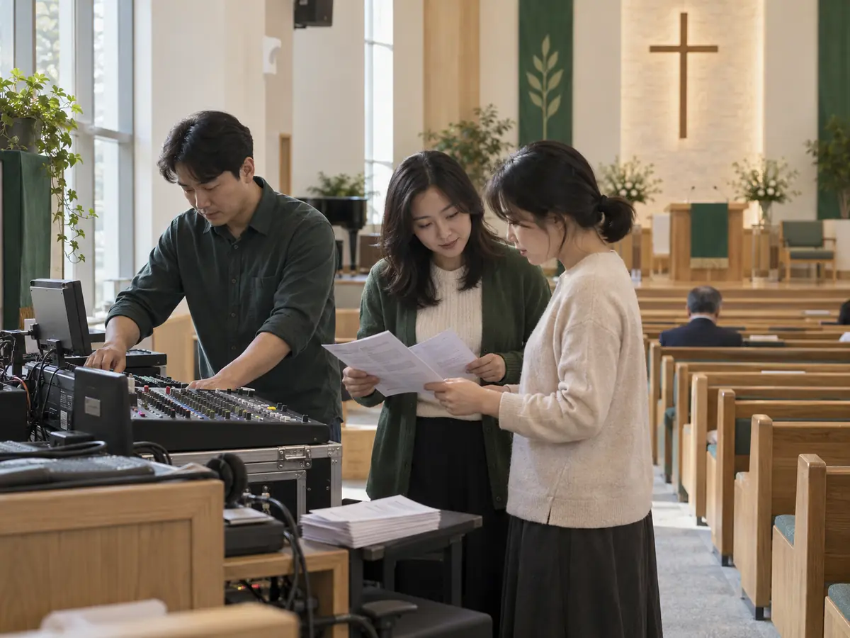주일 예배 30분 전, 한국인 봉사자들이 순서지와 음향 콘솔을 함께 점검하는 모습