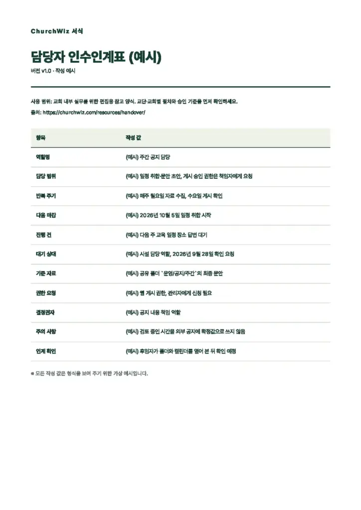 담당자 인수인계표 미리보기(첫 쪽)